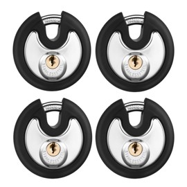 Chumia 70 mm Pad Lock Keyed Alike Padlocks Stainless Steel Discus Lock, 2 Keys Per Lock, Outdoor Round Disc Lock for Storage Unit, Sheds, Garages and Fence, Black Rubber Bumper Sheath (4)