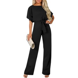 Cegerne Women Dressy Jumpsuits Casual Loose Short Sleeve Belted Wide Leg Pant Crew Neck Elegant Romper, Black, XXL