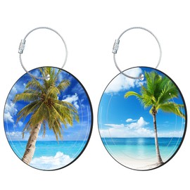 iapodiad Round Cute Luggage Tags 2 Pack Beach and Palm Tree Creative Baggage Tags,Cruise Travel Baggage Suitcases Tag with Stainless Steel Loop ID Tag Privacy Flap