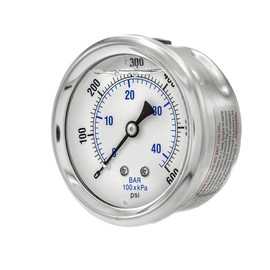 PIC Gauges PRO-202L-254K Center Back Mount Glycerin Filled Industrial Pressure Gauge w/ SS Case, Brass Internals, Plastic Lens, 2.5" Dial, 0/600 psi Range, 1/4" Male NPT