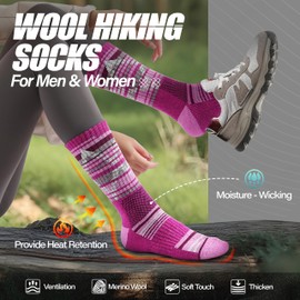 ANTSANG Merino Wool Hiking Socks for Men & Women Thermal Warm Winter Thick Cozy Athletic Crew Work Boot Gift Socks Stocking Stuffers 5 Pairs(Rose Red/Purple/Grey,M)