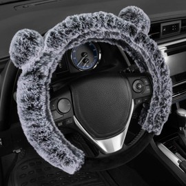 BDK Faux Fur/Wool/Sheepskin Steering Wheel Cover for Women - Cute, Bear Fur, Soft, Fluffy, and Warm, Great for Winter Gray with Ears, 14.5-15