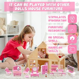 36Pcs Dollhouse Furniture Set Miniature Accessories Pretend Play Furniture for Dolls House 1:12 Scale Bathroom Bedroom Living Room Kitchen Furniture with Bunny for Kids Birthday Christmas(PINK)