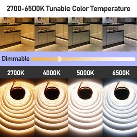 GOMING CCT White Tunable 24 V COB LED Strip 2700 K - 6500 K 5 m LED Strip 624LED/M CRI 93+ Not Waterproof IP20 LED Strip Light for Kitchen Home Decor (Controller and Power Supply Not Included)