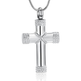 VCCWYQK Cross Cremation Urn Pendant for Ashes,Stainless Steel Urn Necklace Memorial Keepsake Jewelry Lord’s Prayer Cross Ashes Necklaces (H)