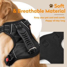 PWOD No Pull Dog Harness with 2 Leash Clips, Reflective Adjustable Soft Padded Vest with Handle, Breathable Oxford No Choke Pet Vest for Large Dogs, Black,L
