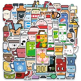 50Pcs Kawaii Beverage Bottle Stickers Pack 50, Colorful Waterproof Cute Sweet Drinks Stickers for Laptop, Water Bottle, Cartoon Aesthetic Vinyl Decal DIY Decoration Gifts for Teens Boys Girls