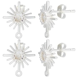 Beebeecraft 1 Box 10Pcs Sun Post Earring Sterling Silver Cubic Zirconia Stud Earring Findings with Horizontal Loops and Butterfly Earring Backs for DIY Earring Jewelry Making