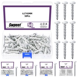 Swpeet 50pcs 6.5 x 45 mm Galvanised Thread Twist Nail Kit, Concrete Wall Nail 304 Stainless Steel Cement Nails Galvanised Solid Nails for Woodworking