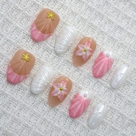 10Pcs Handmade Flower Press on Nails Short Almond Fake Nails with 3D Shell Pearl Starfish Design Muti-Layer Gel Acrylic Nails Press ons French Tip False Nails Handmade Stick on Nail for Women (S)