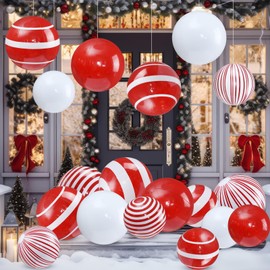Jetec 12 Pcs 24 Inch 16 Inch Large Inflatable Christmas Ball Inflatables Christmas Ornaments Candy Cane PVC Blow up Ball Decorations for Xmas Tree Holiday Yard Lawn Porch Outdoor Decor