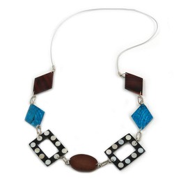 Avalaya Brown/Teal Wood and Shell Bead Silver Rubber Cord Necklace/Geometric Style/80cm Long