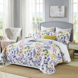 Y-PLWOMEN Lavender Quilt King Size Cotton King Size Quilt, Purple Yellow Floral King Quilt Set, 3 Piece Lightweight King Bedspread with 2 Pillow Shams All Season