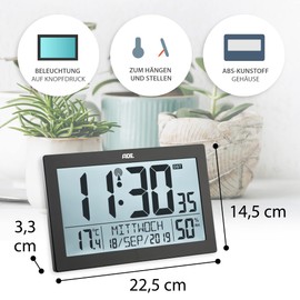 ADE Digital Radio-Controlled Clock with Large XL Display Calendar with Temperature Display and Hygrometer Wall Clock Radio Alarm Clock with 2 Alarm Times and Snooze Function Black