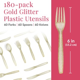 Prestee 180 Gold Plastic Silverware Cutlery Set, Glitter Gold Utensils, Plastic Cutlery Set, Disposable Silverware Flatware Set, 60 Gold Forks, 60 Gold Spoons, 60 Gold Knives, Fancy Party Utensils