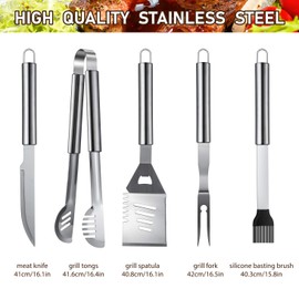 HUSSAR 34PCS BBQ Grill Tools Set Stainless Steel Grilling Accessories with Spatula, Tongs, Skewers for Barbecue, Camping, Kitchen, Complete Premium Grill Utensils Set in Storage Bag, Silver, (BTS-34)