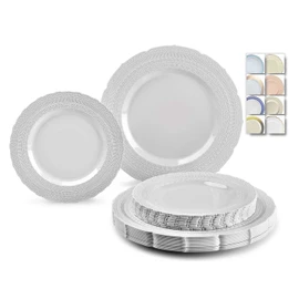 " OCCASIONS " 120 Plates Pack,(60 Guests) Extra Heavyweight Vintage Wedding Disposable /Reusable Plastic Plates 60 x11'' Dinner +60 x 8.25'' Salad/Dessert Plate (Chatesau Light Gray)