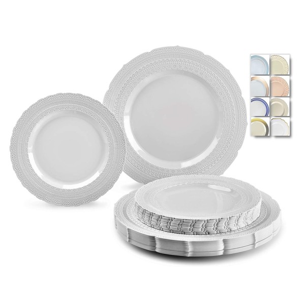 " OCCASIONS " 120 Plates Pack,(60 Guests) Extra Heavyweight Vintage Wedding Disposable /Reusable Plastic Plates 60 x11'' Dinner +60 x 8.25'' Salad/Dessert Plate (Chatesau Light Gray)