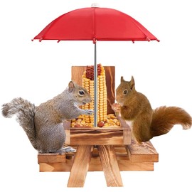 Squirrel Feeder Picnic Table for Animal Bench Feeder Lovers Gifts with Umbrella and Corn Cob Holder Wood Food Holder Station Squirrel House Outdoor Ornaments (Log)