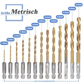 Mesee 13-Piece HSS Twist Drill Bit Set, 1/4 Inch Hex Shank Titanium-Coated Metal Drill Bit Set, Quick Change Impact Control Twist Drill Bit Set for Woodworking, Plastic, 1.5-6.5 mm
