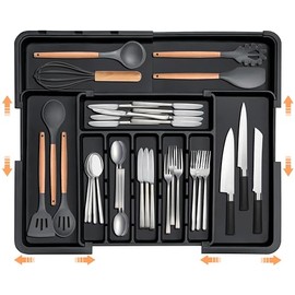 Spaclear Silverware Organizer Large Kitchen Utensil Drawer Organizer Expandable 22"x 19" Silverware Tray Flatware and Cutlery Holder for Spoons Forks Knives Storage Dividers Plastic BPA Free Black