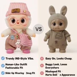 Sweetheart Style Outfit for 17cm/6.69in Plush Doll – Pink Knit Hat, Glasses, Overalls, Bag, Necklace & Shoes – Removable Costume (Doll Not Included)