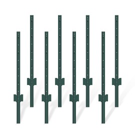 FOREHOGAR Metal Fence Post 3 Feet Green, Pack of 8, T Post for Wire Fence, No Dig Steel U Post Fencing for Lawn Garden Wire Mesh Fence Poles Sign Outdoor Light Duty