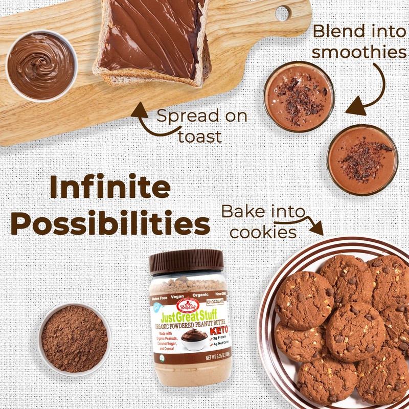 Betty Lou's 100% Organic Chocolate Peanut Butter Powder, Gluten Free,