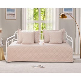 Feyocn 5-Piece Daybed Cover Set Beige Twin Cozy Daybed Bedding Sets for All Season Lightweight Daybed Comforter Bedspread, Geometric Print Day Bed Cover for Twin Bed with 4 Pillow Shams,39"x75"