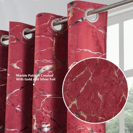 Petrichor Room Darkening Burgundy Grommet Marble Pattern Golden Silver Foil Thermal Velvet Curtains, 2 Panels Set, 84 Inch Length for Bedroom and Living Room