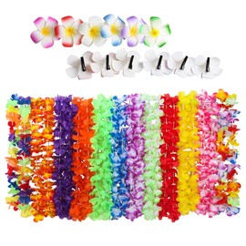 Hawaiian Leis Garland Necklace,36 Pcs Colorful Ruffle Rainbow Flowers Plumeria Hair Clips,Tropical Luau Flower Lei Silk for Summer Theme Dress Party Decorations,Beach Wedding Birthday Party Supplies