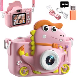 Children's Camera Dinosaur, Children's Camera 2 Inch Display 1080P, Selfie Digital Camera Children with 32 GB, Photo Camera for 3 4 5 6 7 8 9 10 11 12 Years Boys and Girls Gifts Toy (Pink)