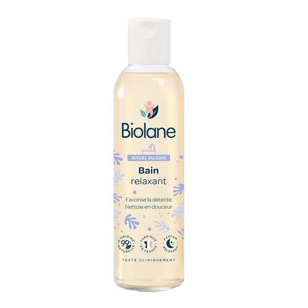 BIOLANE - Huile de bain relaxante - Pour le bain de bébé - Nettoie en douceur - Apaise - 99% d'ingrèdients naturels - 150ml - Fabriqué en France