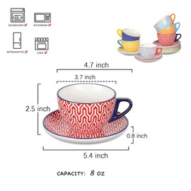 Selamica Ceramic 8 oz Cappuccino Cup Set with Saucers, Espresso Coffee Cups, Latte Macchiato for Party Cafe Home, Set of 6, Assorted Colors