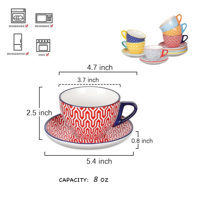Selamica Ceramic 8 oz Cappuccino Cup Set with Saucers, Espresso