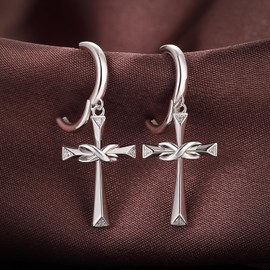 Jiayang Silver Cross Hoop Earrings for Women Men Cubic Zirconia Diamond Cross/Highly Polished Infinity Christain Faith Jewellery, Sterling Silver