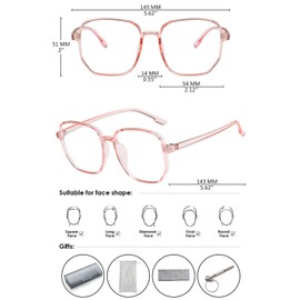 KOOSUFA Fashion Large Anti Blue Light Glasses Without Prescription Women Men Retro Square Blue Light Filter Glasses Glasses Frames Computer Gaming Anti Fatigue Glasses with Case, Clear Pink