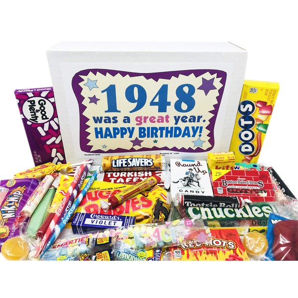 Woodstock Candy ~ 1948 74th Birthday Gift Box Nostalgic Retro Candy Mix from Childhood for 74 Year Old Man or Woman Born 1948 Jr