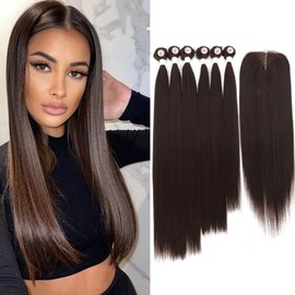 Synthetic Hair Bundles with Easy Closure Medume Brown Yaki Straight Hair Weft Weave for Women Heat Resistant Fiber Synthetic Hair Extension 7pcs for A Full Head Total 240g