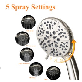 High Pressure Shower Head with Handheld - 5 Spray Settings High Flow Detachable Rain Shower Heads with 60” Extra-long Stainless Steel Hose and Adjustable Bracket with Brass Joint – Brushed Nickel