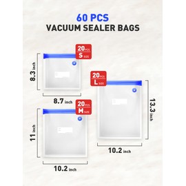 ZABINS 60 Pcs Reusable Vacuum Sealer Bags for Food, 3 Size BPA-Free Vacuum Storage Bags with Sealing Clips & Leak-Proof Design for Sous Vide Cooking, Freezer, Microwave Heating