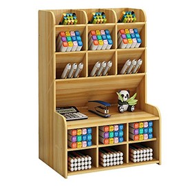 Wooden Desk Organizer, Large Capacity DIY Pen Holder Storage Box Desktop Stationary Storage Rack, Pen Organizer Caddies for Office, Home and School Supplies (B15-Cherry Color)
