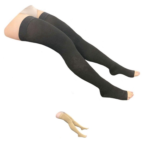 HealthyNees Thigh Open Toe 20-30 mmHg Compression Knee High Wide Calf Leg Socks (Black, 5X-Large)