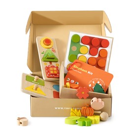 Tiny Land Montessori Toy Set for Babies 18-24 Months Investigator Play Kit- 4-in-1 Wooden Learning Toys with Color Sorting, Lacing Beads, Shape Matching, and Seasons Puzzles
