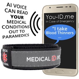 ‘Talking’ Medical Bracelet, Emergency Medical ID Bracelet, QR Coded Inserts, AI Voice Reads Medical Conditions via Phone. SOS. ICE. Waterproof Band (Blood Thinners Grey)
