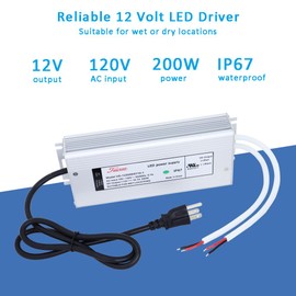 12V LED Driver 200W Power Supply 12 Volt Transformer 200 Watt AC 110V to 12V DC 16.7A IP67 Waterproof Outdoor Low Voltage Transformer 120V 115V AC to DC Adapter