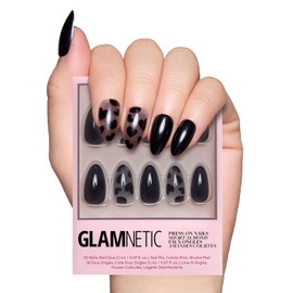 Glamnetic Press On Nails - Love Me Not | Short Almond Nails with Black Heart Accents, Reusable Stick On Fake Nails with Glue | Love In Bloom Valentine’s Nails | 15 Sizes - 30 Nail Kit with Glue