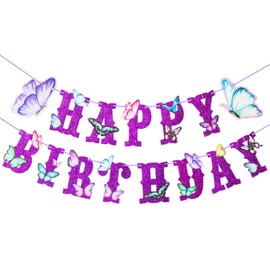 Purple Glitter Butterfly Happy Birthday Banner, Sparkling Fairy Garden Themed Decorations, Colorful Hanging Paper Butterflies Garland, Wall Bunting for Kids Girls Womens Babies Party Supplies