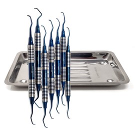 7 Pc Dental Periodontal Gracey Curettes with Scalar Tray, Stainless Steel Oral Hygiene Kit, Hollow Handle Blue Titanium Coated Double Ended Medical Dental Veterinary Instrument Kit