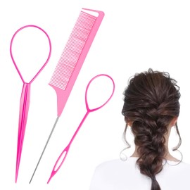 Wosyoodo Topsy Tail Hair Tool, Pink Hair Loop Pull Through Tool, French Braid Loop Tool with Rat Tail Comb, Hair Braiding Tool for Making Women and Girls Hair Style